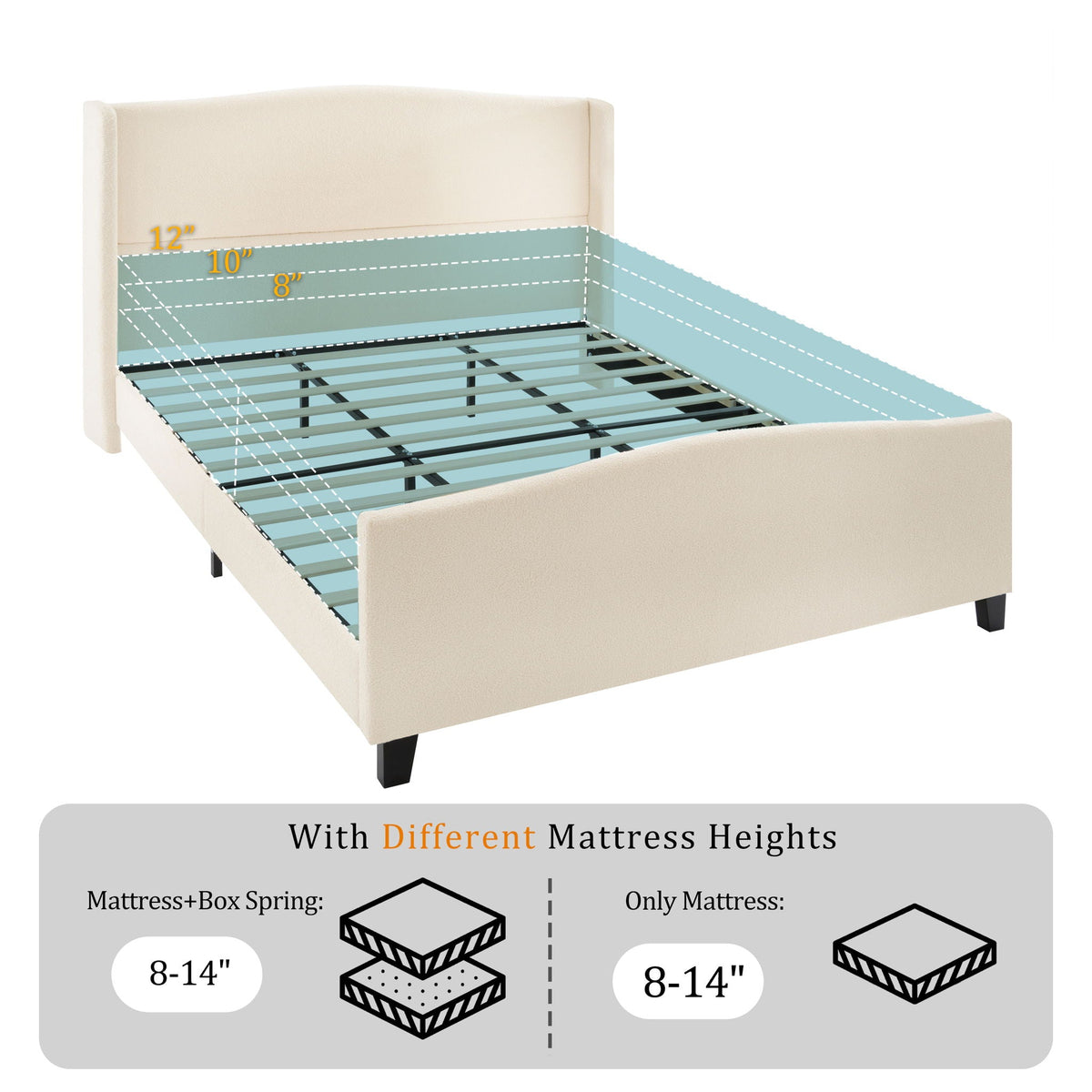 Platform Bed Frame with Tall Headboard and High Footboard - White or Gray