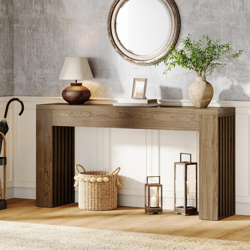 Rustic Brown Console Table with Vertical Slat Legs - Solid Wood & MDF