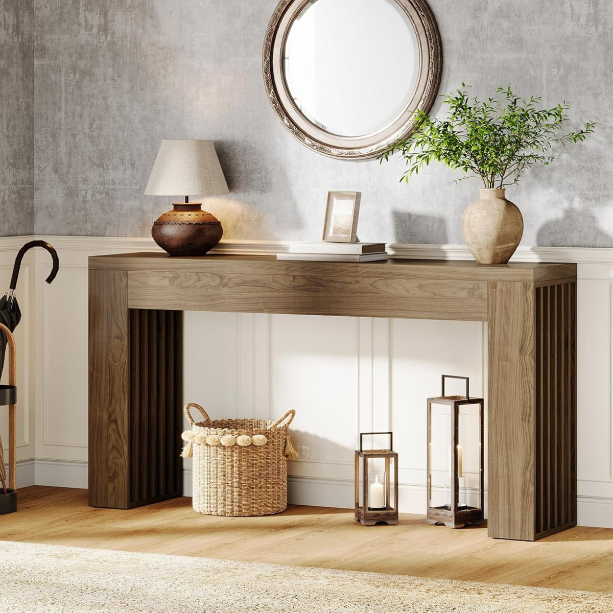 Rustic Brown Console Table with Vertical Slat Legs - Solid Wood & MDF