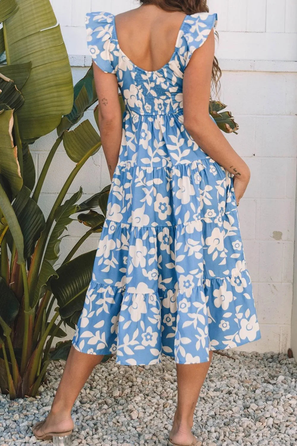Floral Flutter Shoulder Tiered Flowy Midi Dress