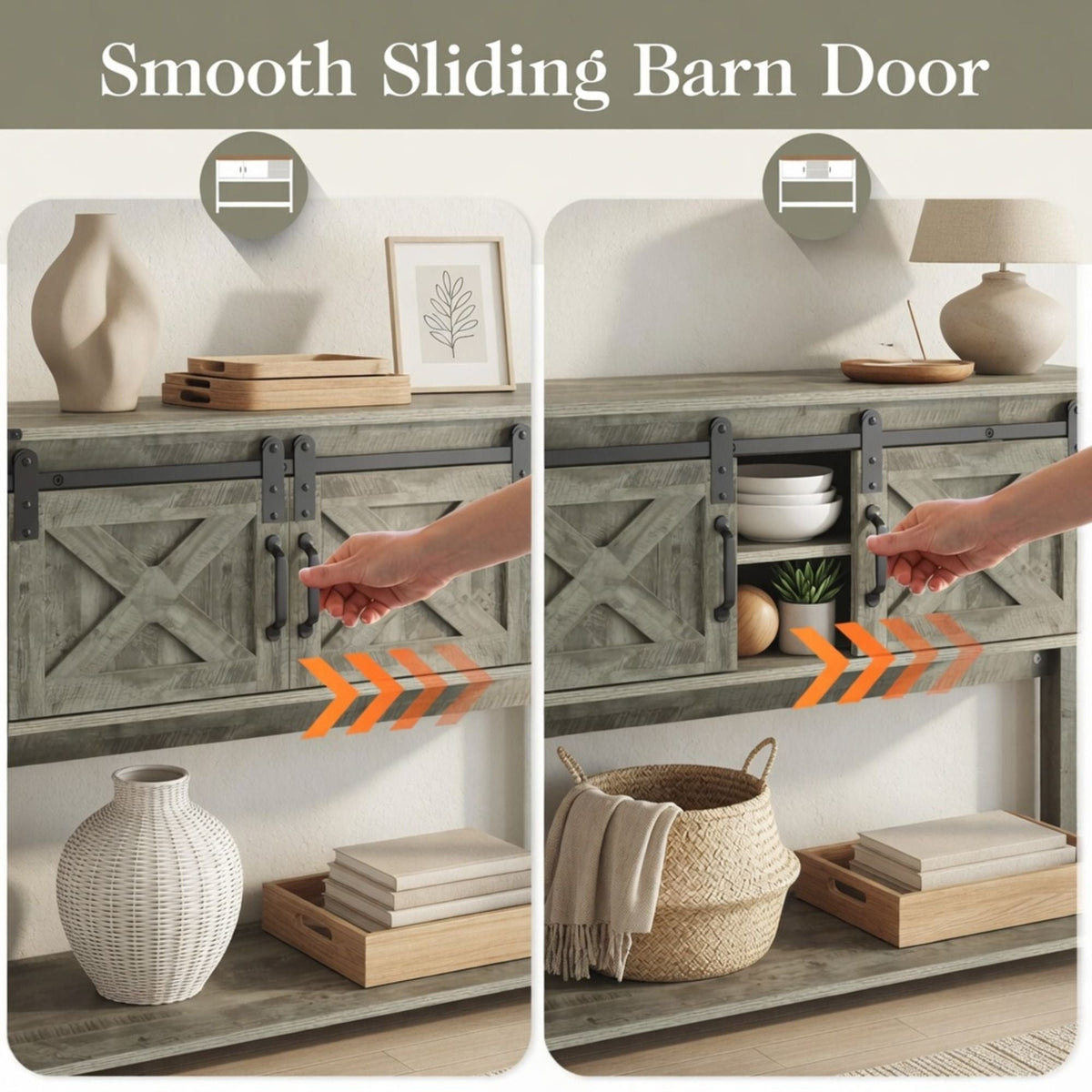 Farmhouse Entryway Table with Sliding Barn Door - Gray, Dark Gray, White, Black