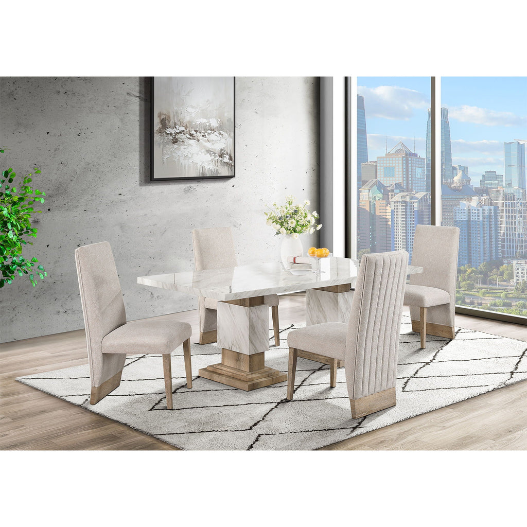 Beige Pedestal Dining Table with Faux Marble Finish - Stacey