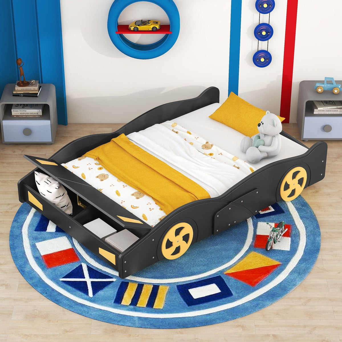 Race Car Platform Bed with Storage and Wheels - Black or Blue