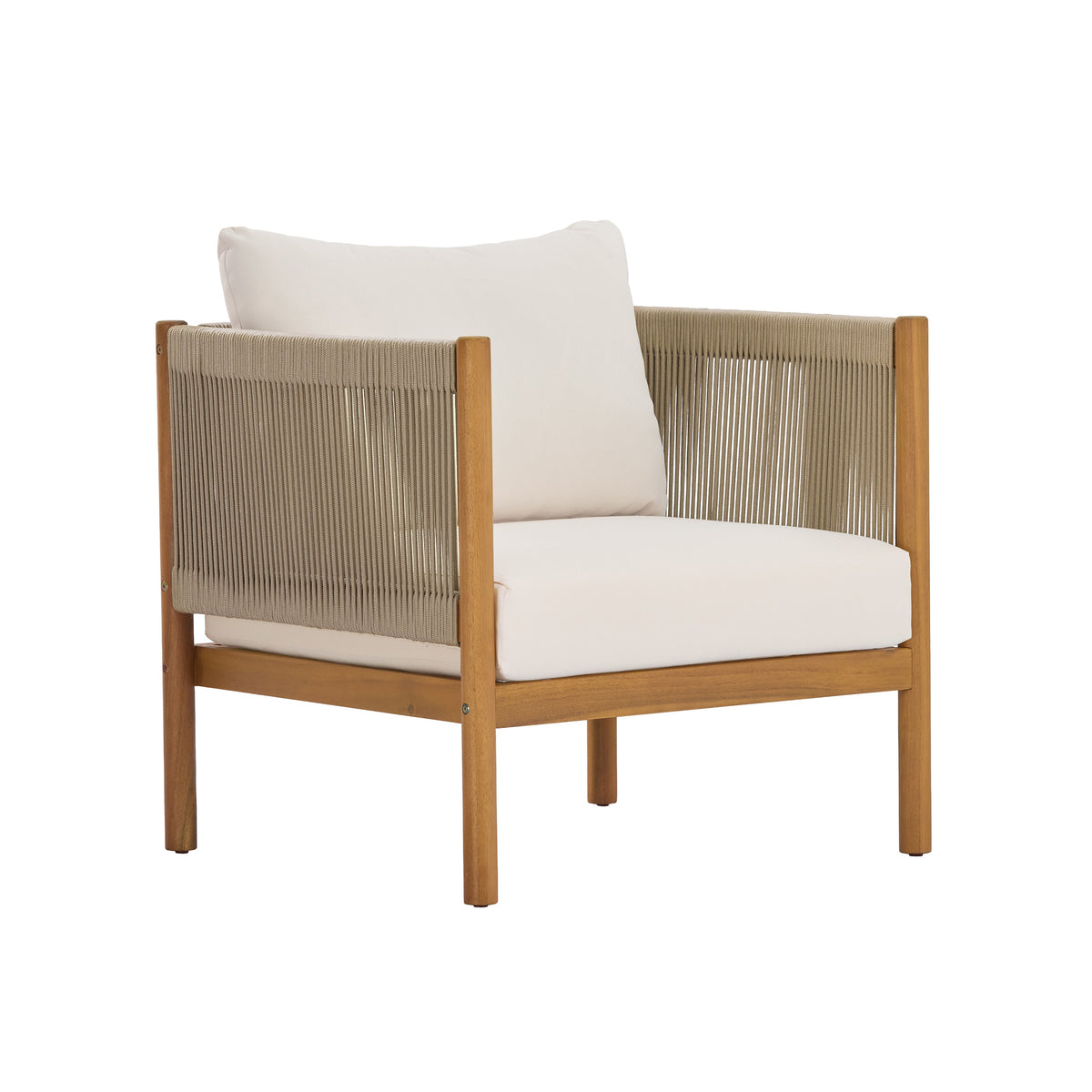 Outdoor Club Chair with Acacia Wood Frame and Rope Panels – Teak Look