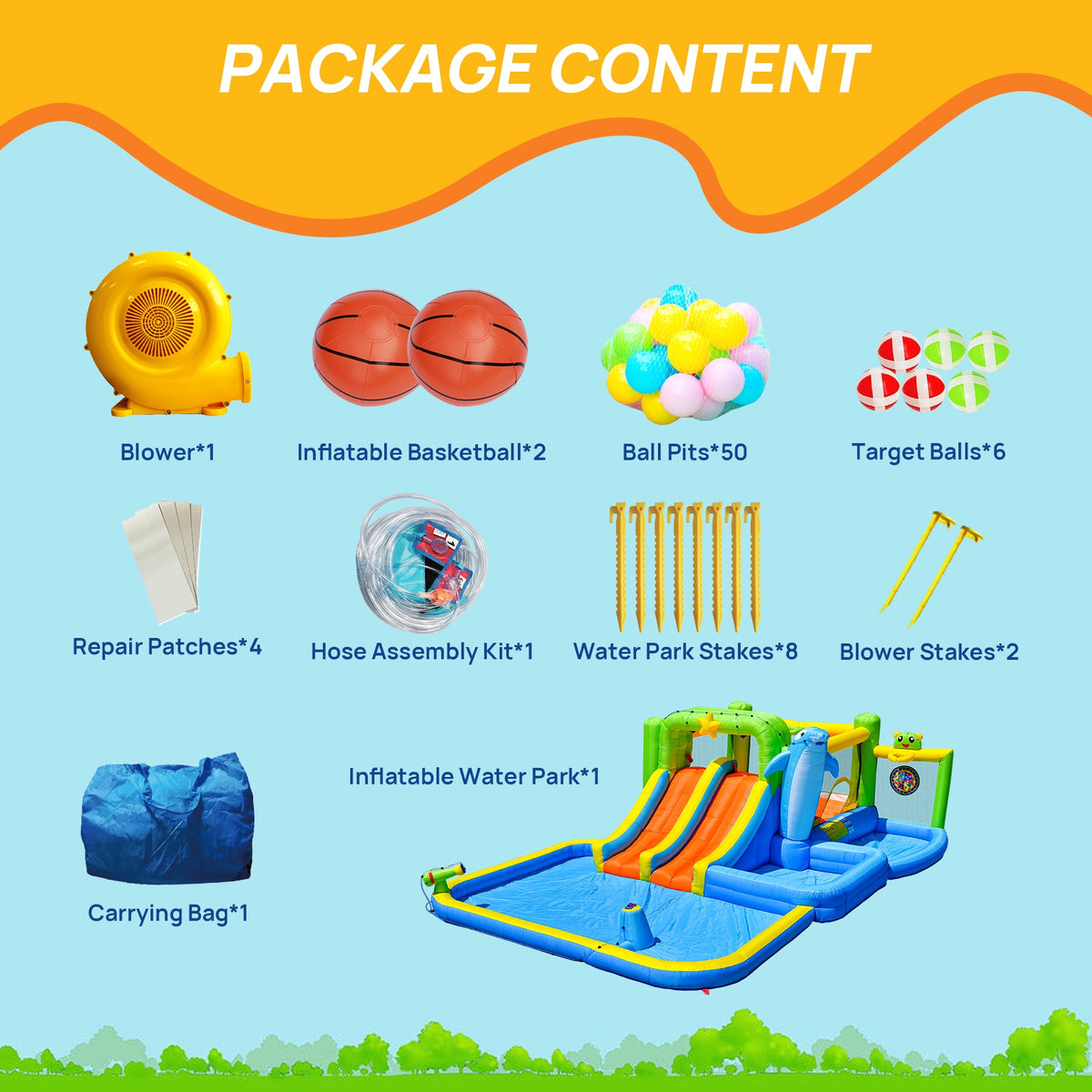 9-in-1 Inflatable Bounce House with Water Features - Multicolor