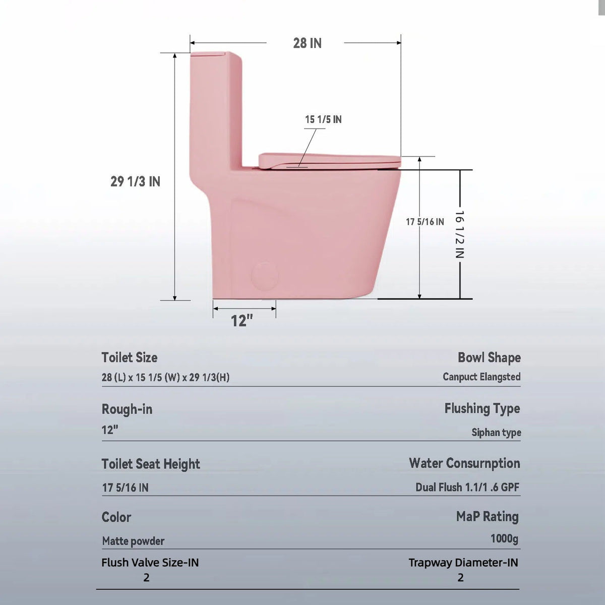 1 Piece Toilet with Tornado Flush and Dual Flush - ADA Height Chair - Gray, Pink, or Black