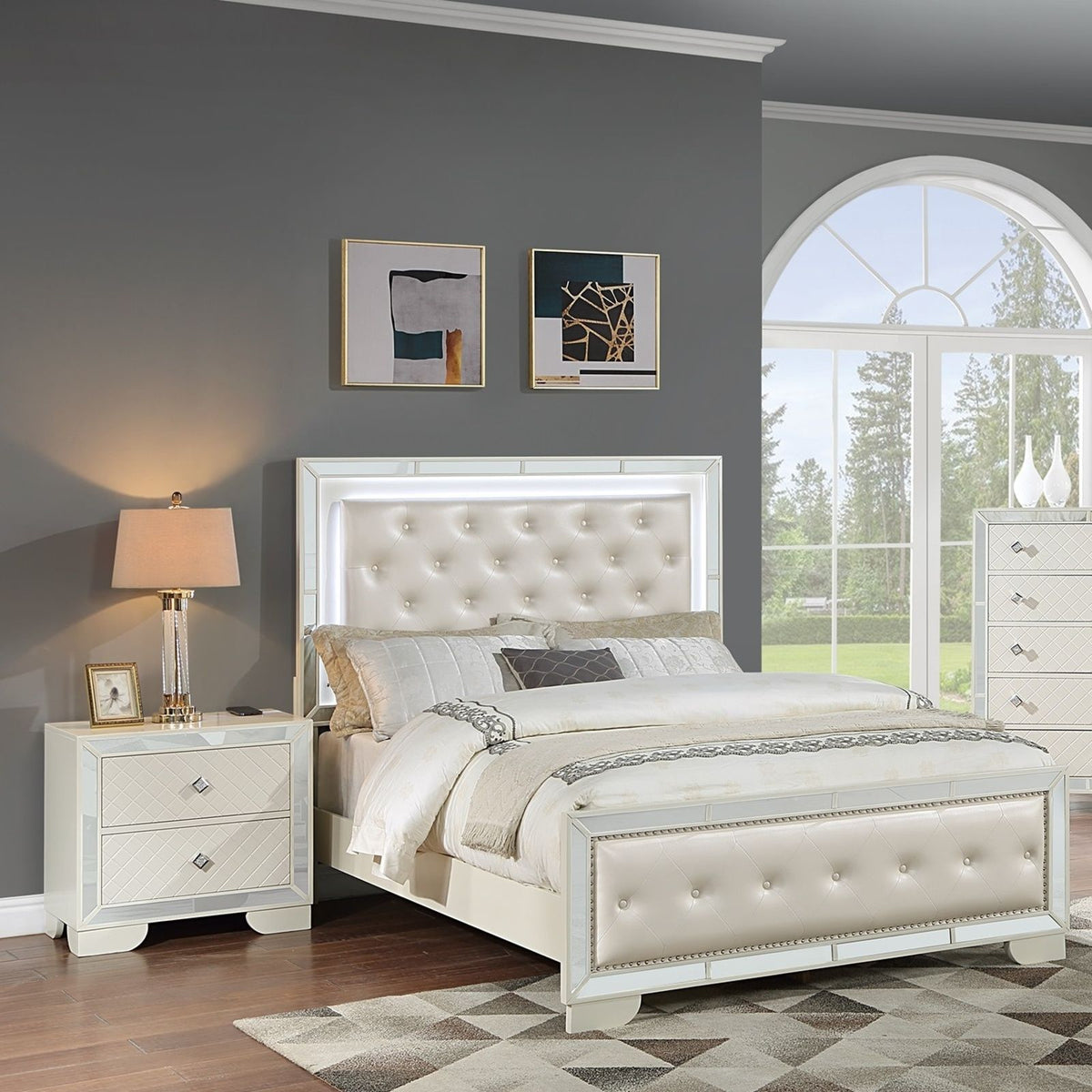 3 Piece Bedroom Set with LED Bed and 2 Nightstands - Beige
