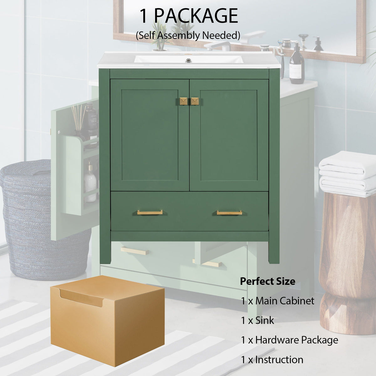 Green Bathroom Vanity with Single Undermount Sink and Storage - Solid Wood