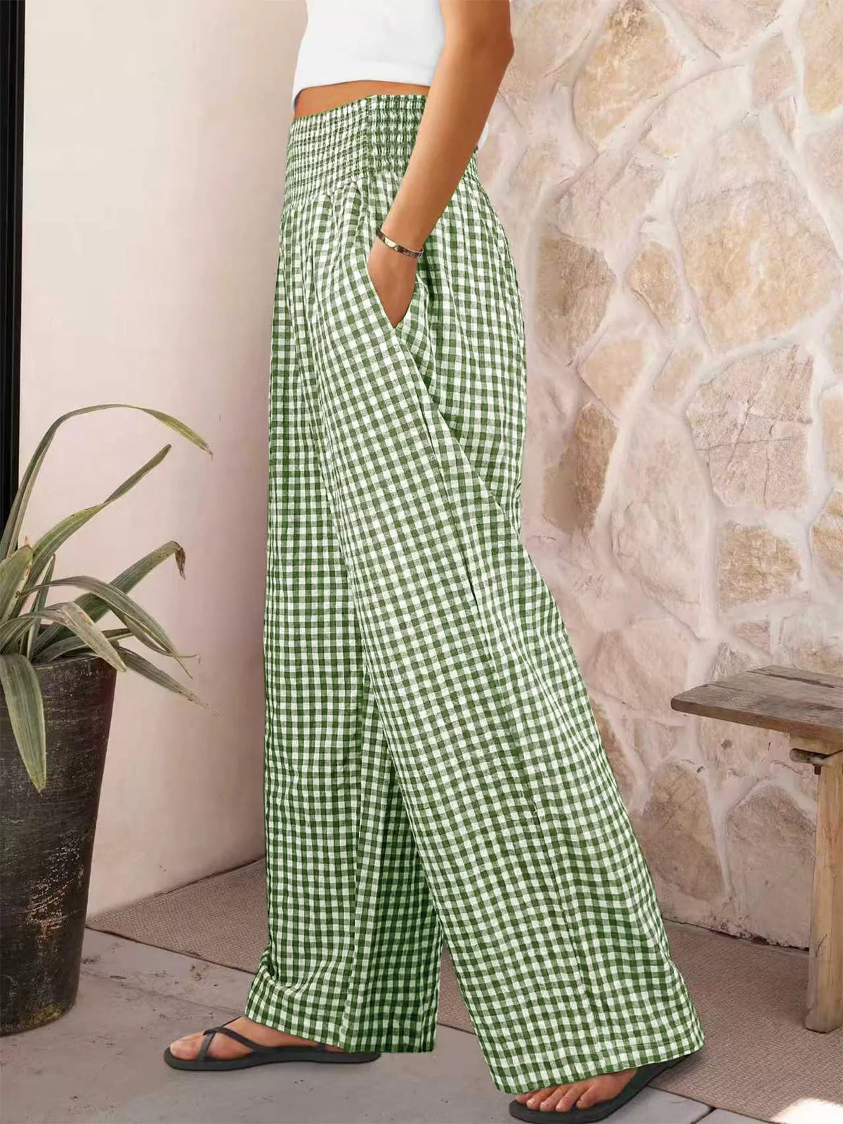 Gingham High-Waisted Wide Leg Pants