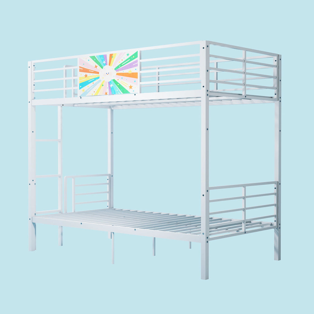 Convertible Metal Bunk Bed with Full-Length Guardrail and Ladder - White
