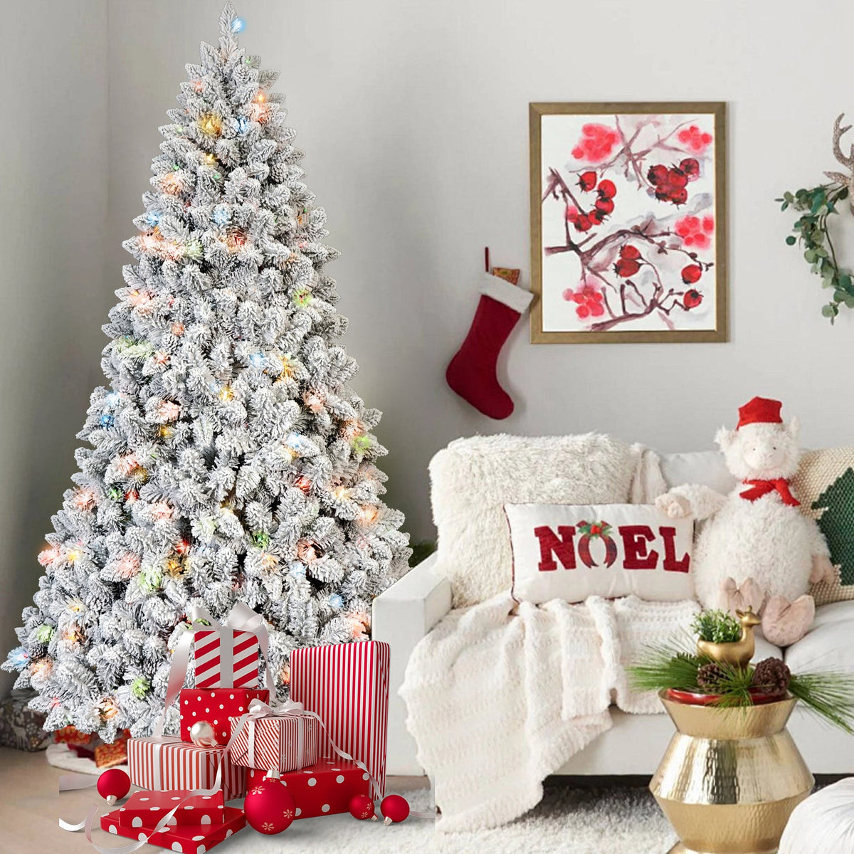 6FT Flocked Christmas Tree with 350 Colorful UL Lights - Green