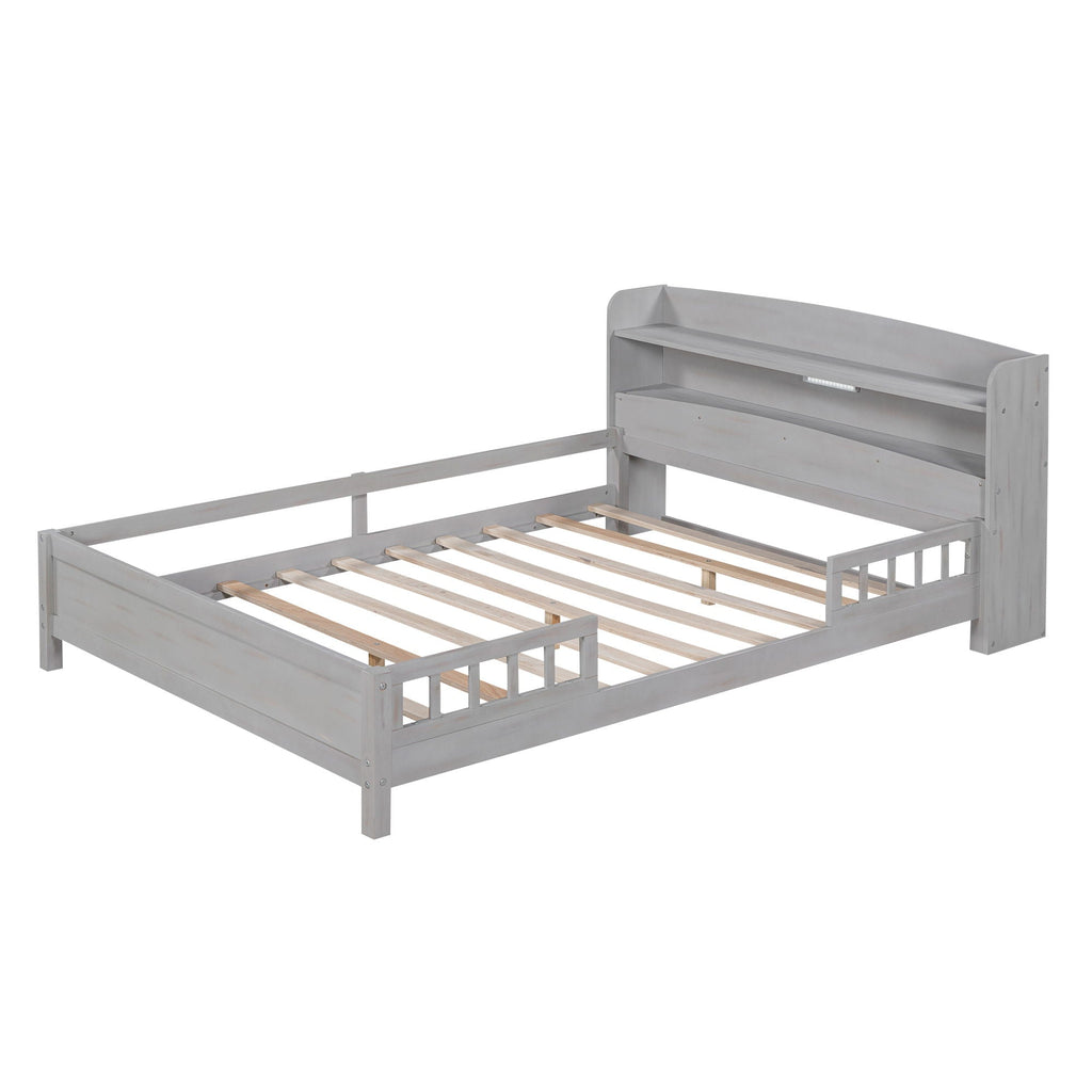 Wood Platform Storage Bed with LED Light & Storage Headboard - White or Dark Gray