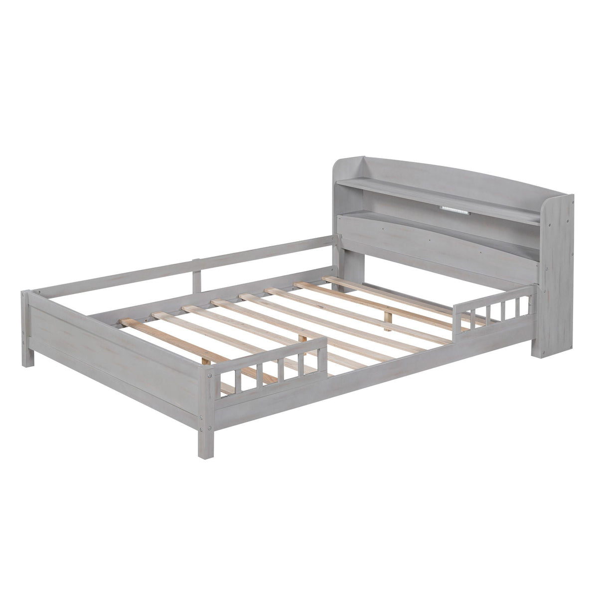 Wood Platform Storage Bed with LED Light & Storage Headboard - White or Dark Gray