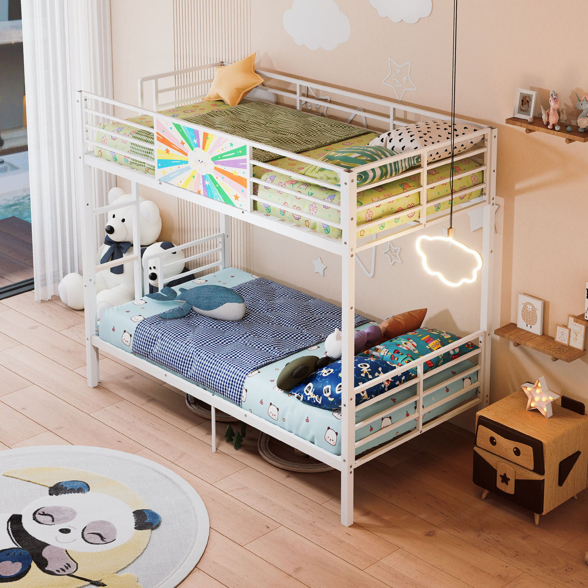 Convertible Metal Bunk Bed with Full-Length Guardrail and Ladder - White
