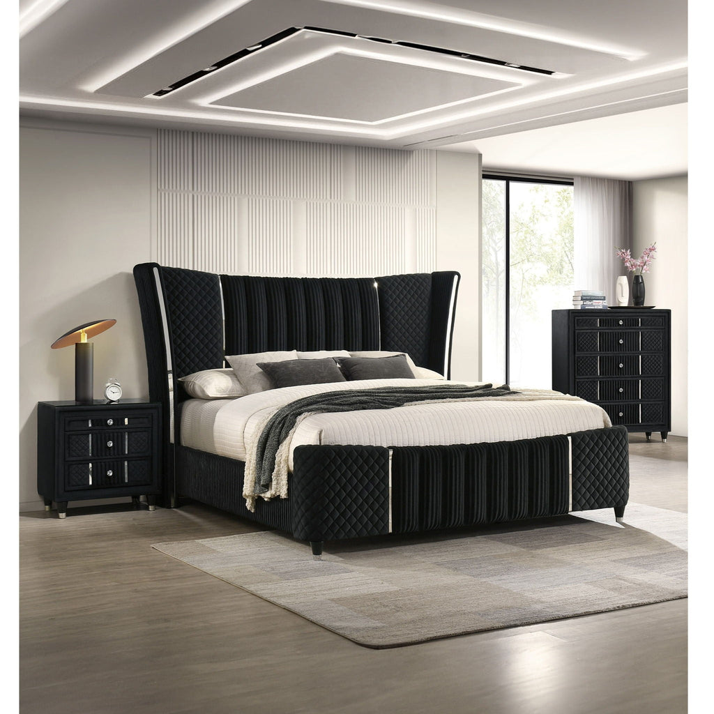 Black Upholstered Nightstand with Crystal Knobs – Luxurious Storage