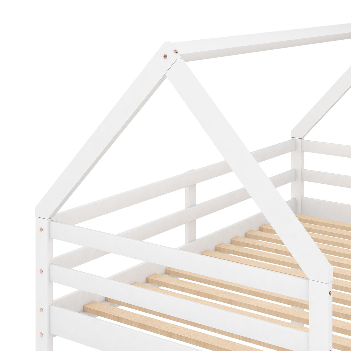 Low Bunk Bed With House Shaped Frame and Ladder - Twin Over Twin