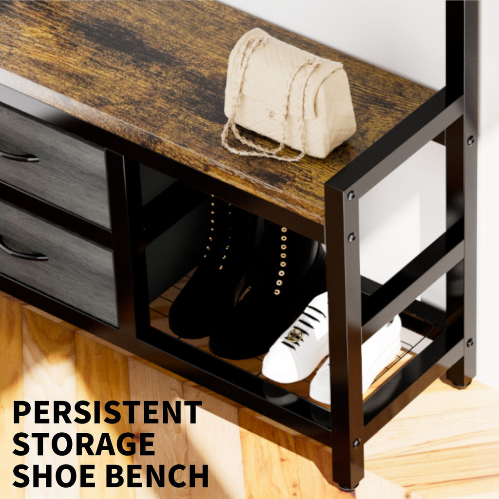 Rustic Brown Hall Tree With 2 Movable Drawers