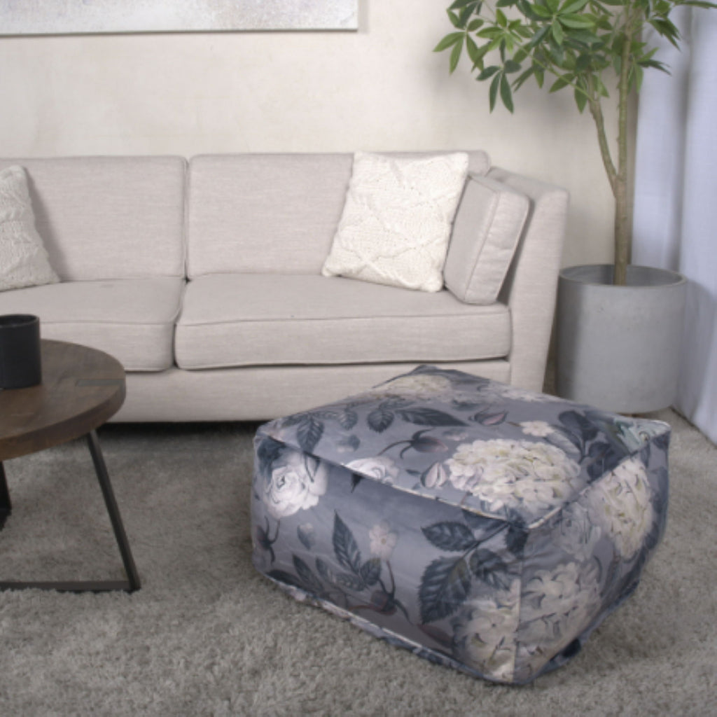 Large Square Pouf with Flower Print - Dark Gray
