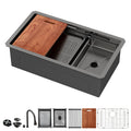 Undermount Stainless Steel Kitchen Sink with Pull Down Faucet & Ledge Workstation - Gray or Black