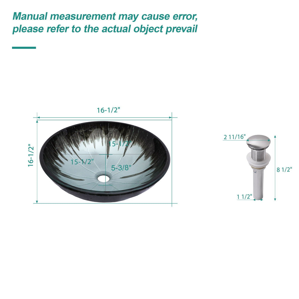 Gray Crackle Vessel Sink with Pop Up Drain – Tempered Glass Bathroom Basin