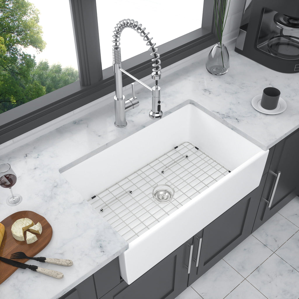 Ceramic Farmhouse Sink with Deep Basin and Stainless Steel Grid - White