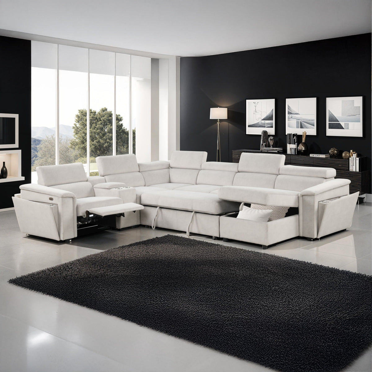 Power Recliner Sleeper Sectional with Adjustable Headrest and Storage - Dark Gray or Beige