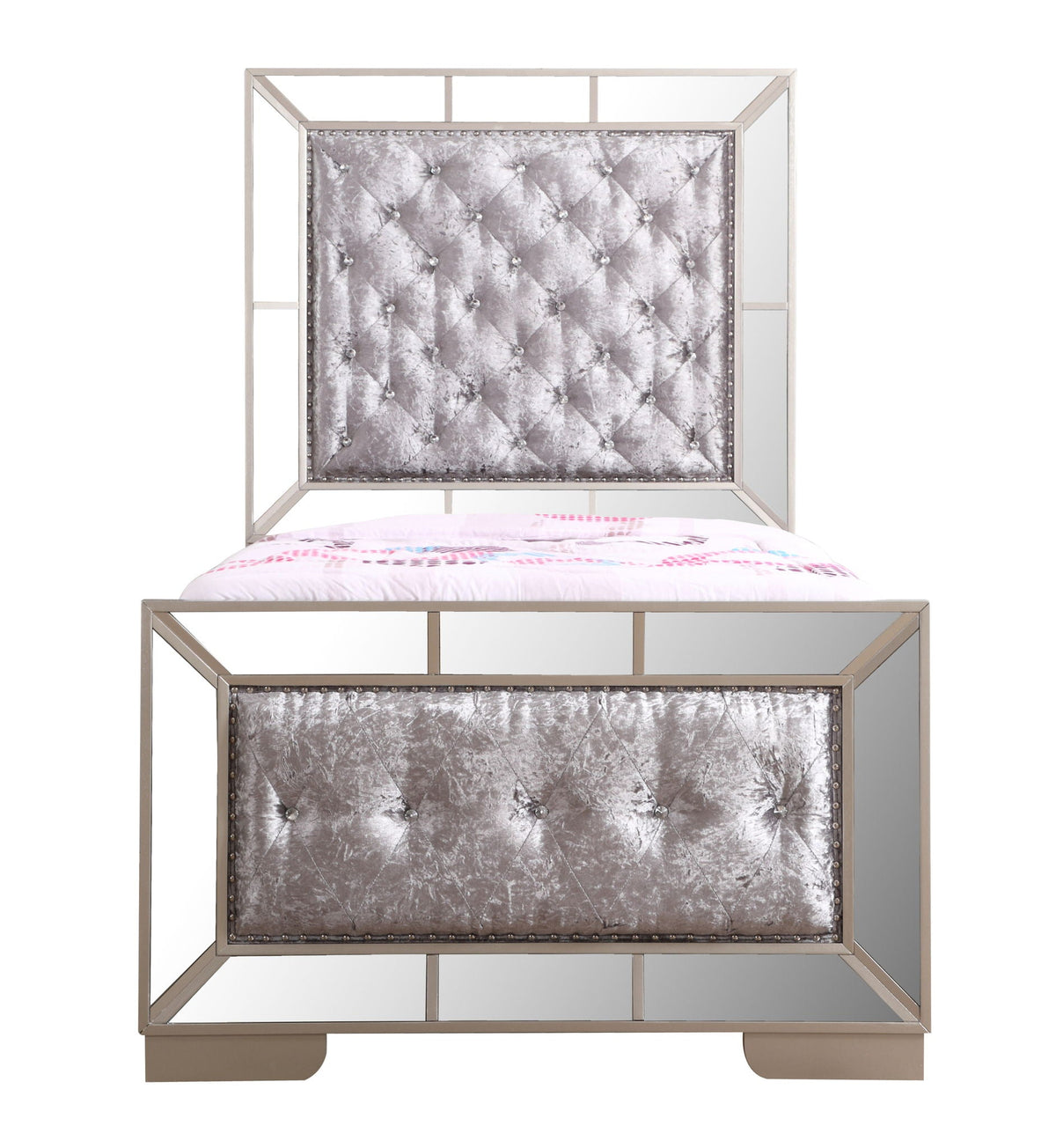 Contemporary Panel Bed with Mirrored Accents - Beige or Pearl Silver