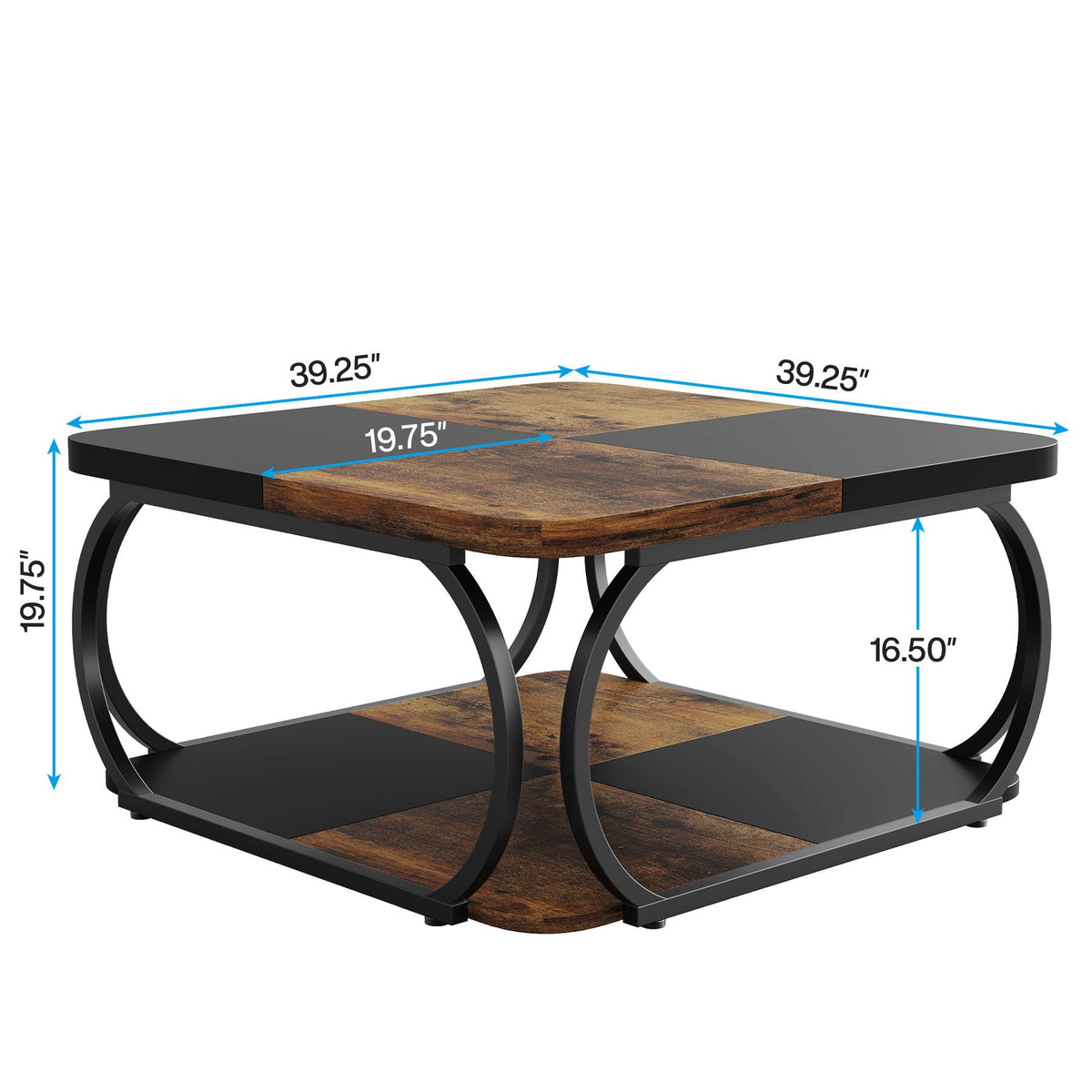 Square Coffee Table with Storage Shelf, 2 Tier - Brown / Black