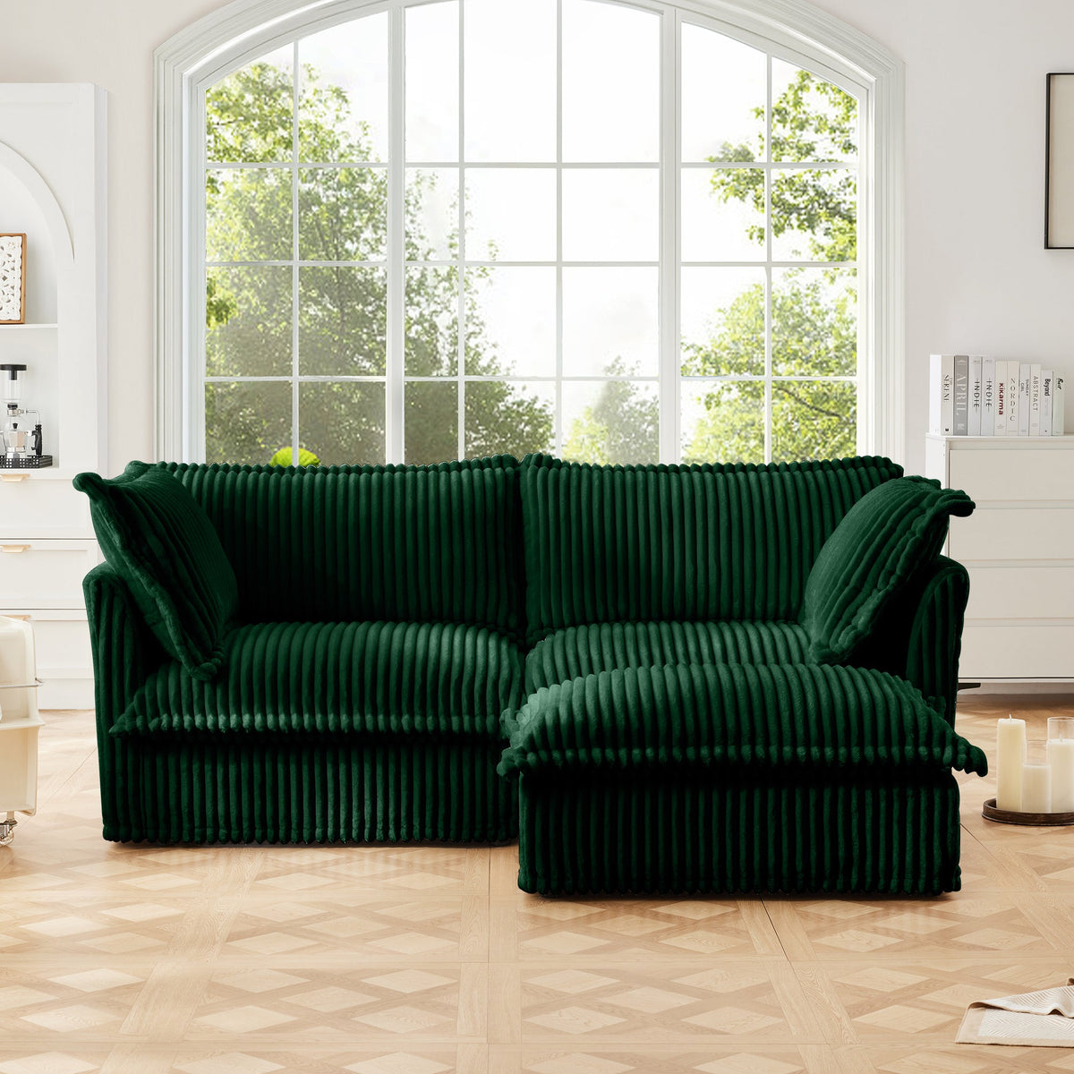 Slipcovered Sectional 2 Seater Sofa with Convertible Ottoman