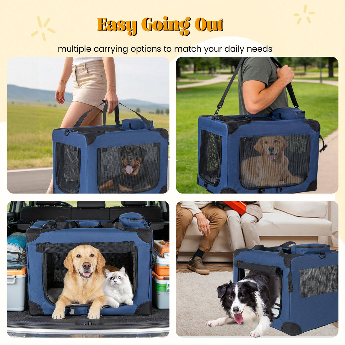 40" Soft Dog Crate with Fleece Mat - 3 Mesh Doors - Dark Blue