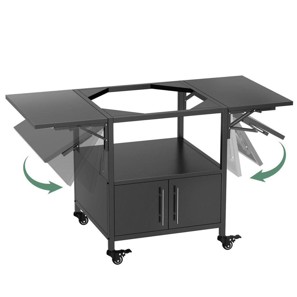 Outdoor Grill Table for Big Egg BBQ with Folding Panels - Black