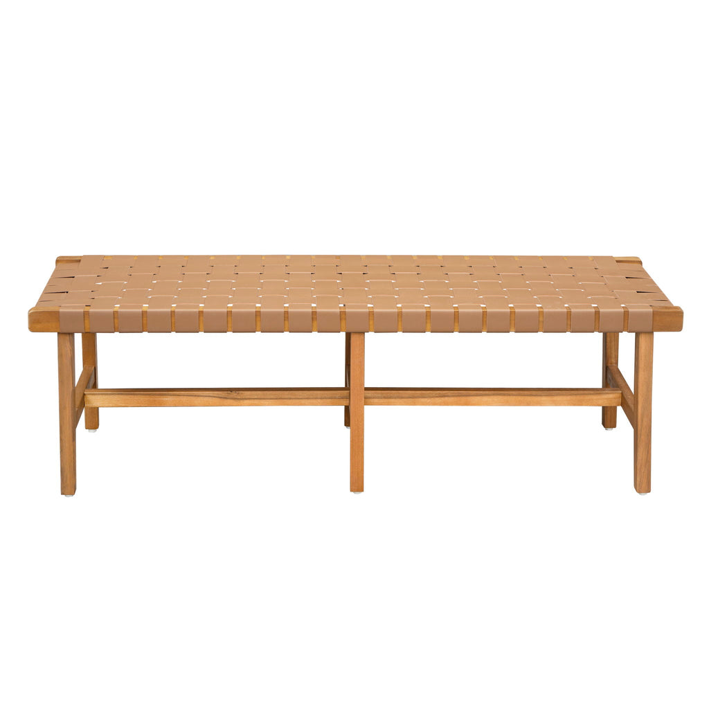 Acacia Wood Bedroom Bench with Woven PU Leather Seat - Warm Teak