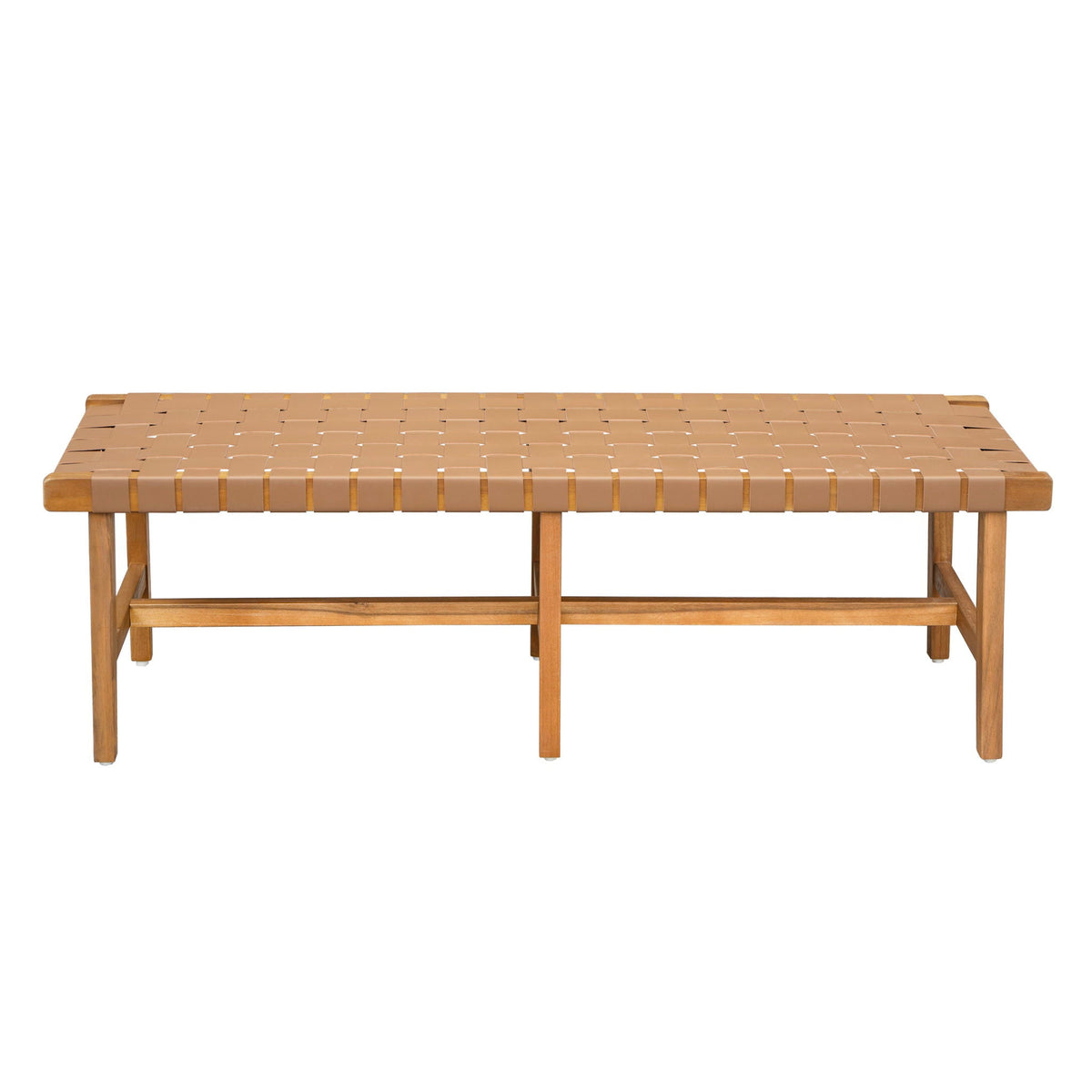 Acacia Wood Bedroom Bench with Woven PU Leather Seat - Warm Teak