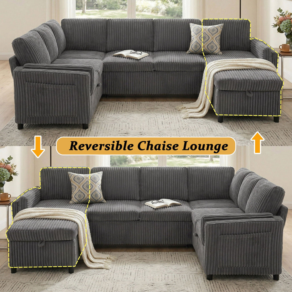 Convertible U-Shaped Sectional Sofa Bed with USB Ports and Storage – Black, Dark Gray, Blue