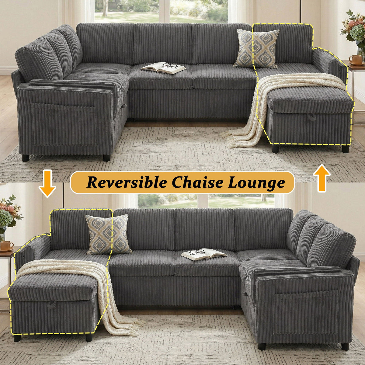 Convertible U-Shaped Sectional Sofa Bed with USB Ports and Storage – Black, Dark Gray, Blue