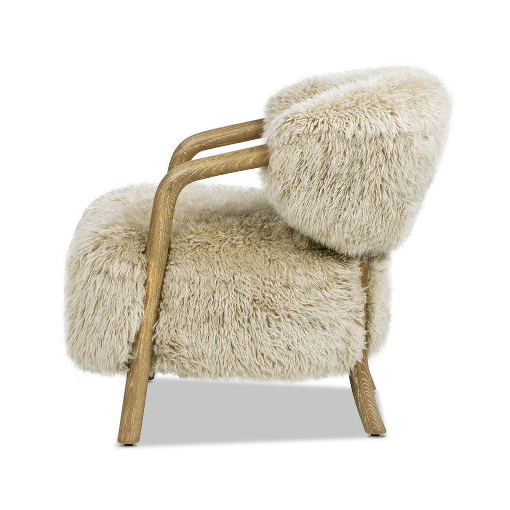 Rustic Oak Sheepskin Upholstered Arm Chair with Ergonomic Comfort - Taupe Beige