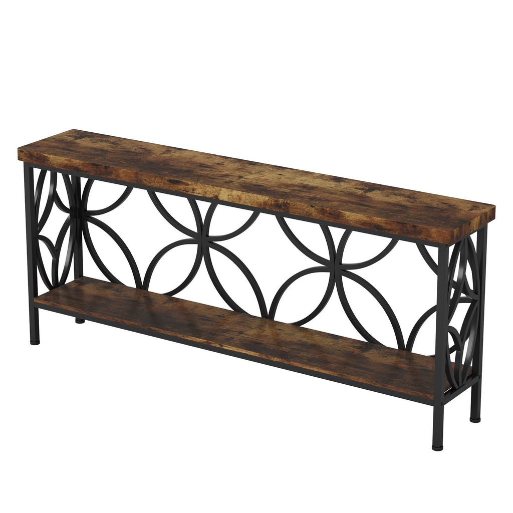 Extra Long Console Table with Open Storage Shelves - Dark Gray or Dark Brown