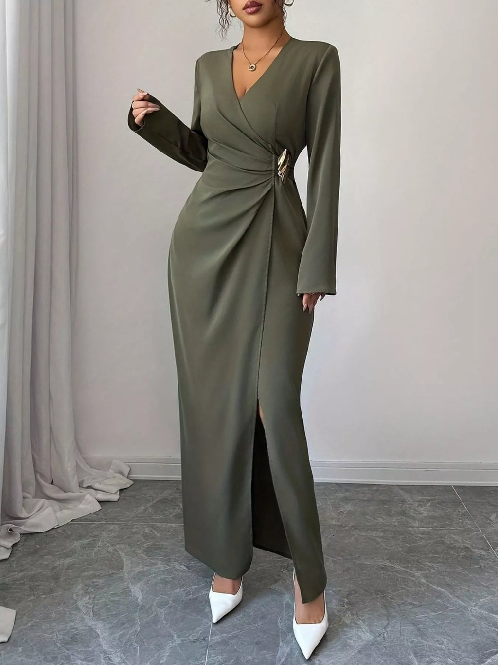 Slit Surplice Long Sleeve Maxi Dress