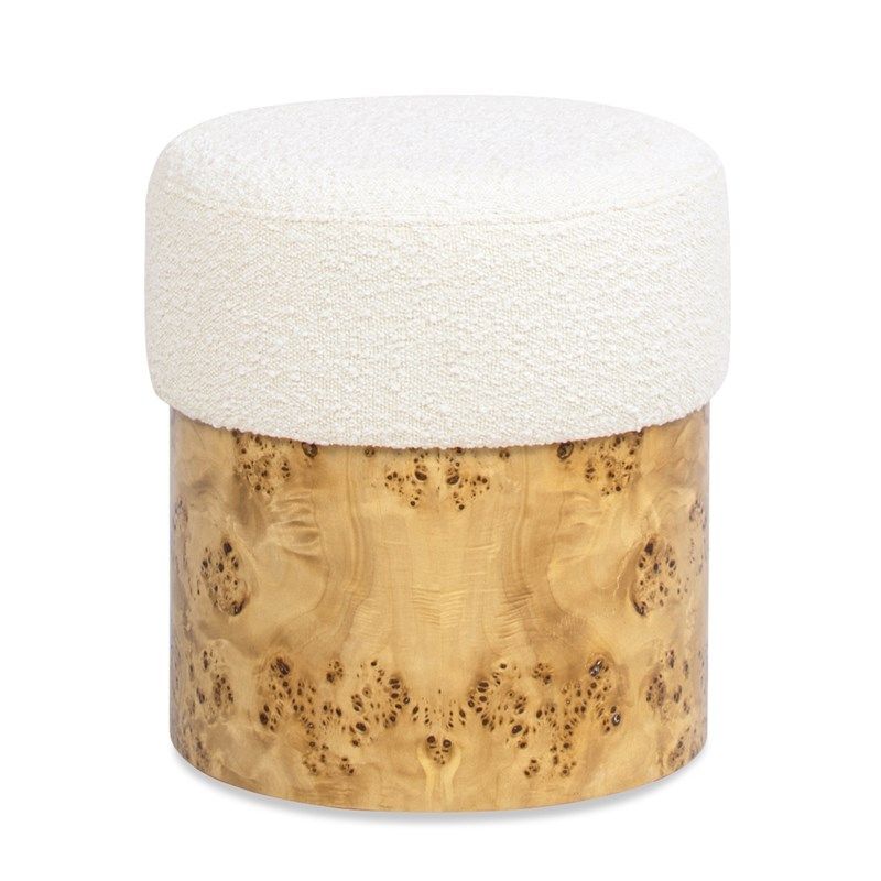 Round Upholstered Ottoman with Boucle Texture - White