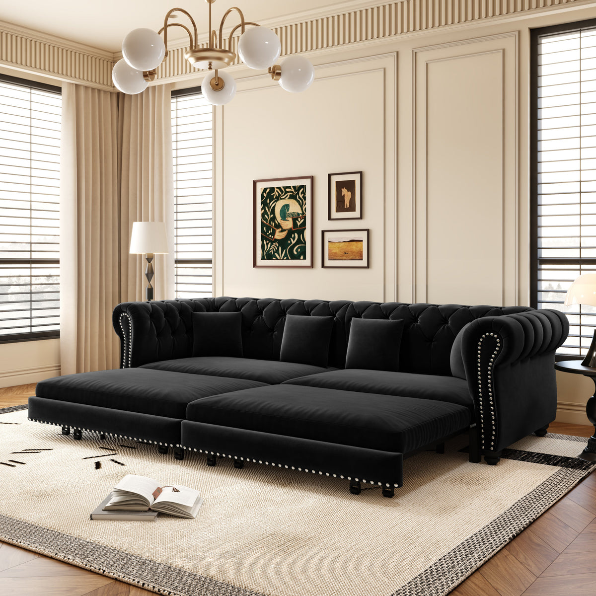 Chesterfield 3-in-1 Convertible Velvet Sofa Bed with Tufted Finish