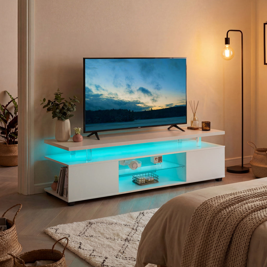 TV Stand with LED and Large Side Cabinet - White, Black, or Gray