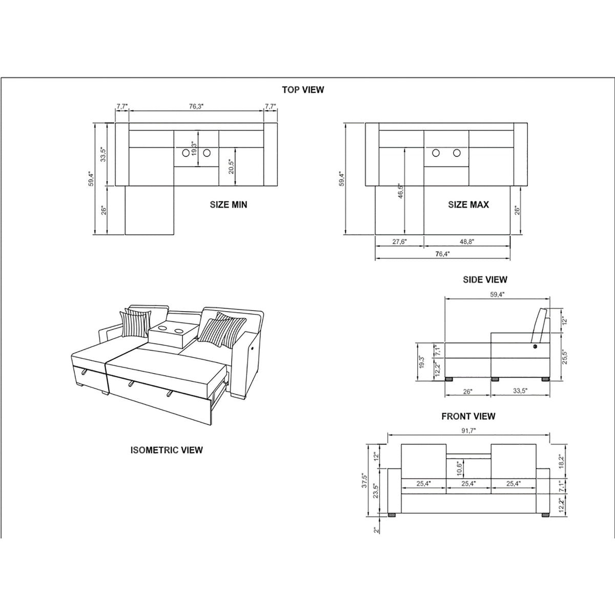 Reversible Pull Out Sofa Bed with Cup Holders - Light Gray