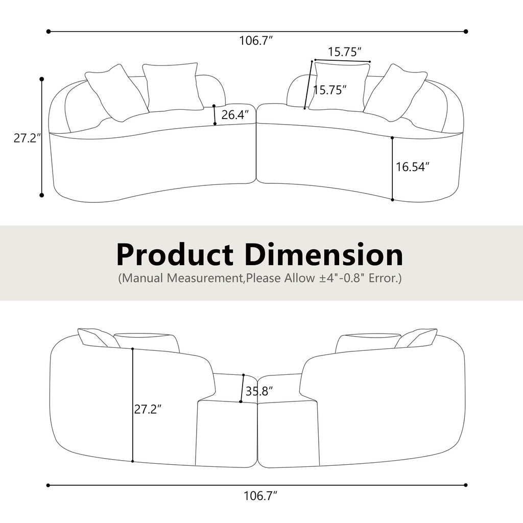 Curved 4 Seater Full Compression Sponge Sofa with Soft Upholstery - White or Gray