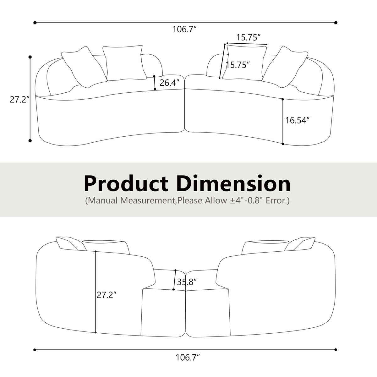 Curved 4 Seater Full Compression Sponge Sofa with Soft Upholstery - White or Gray