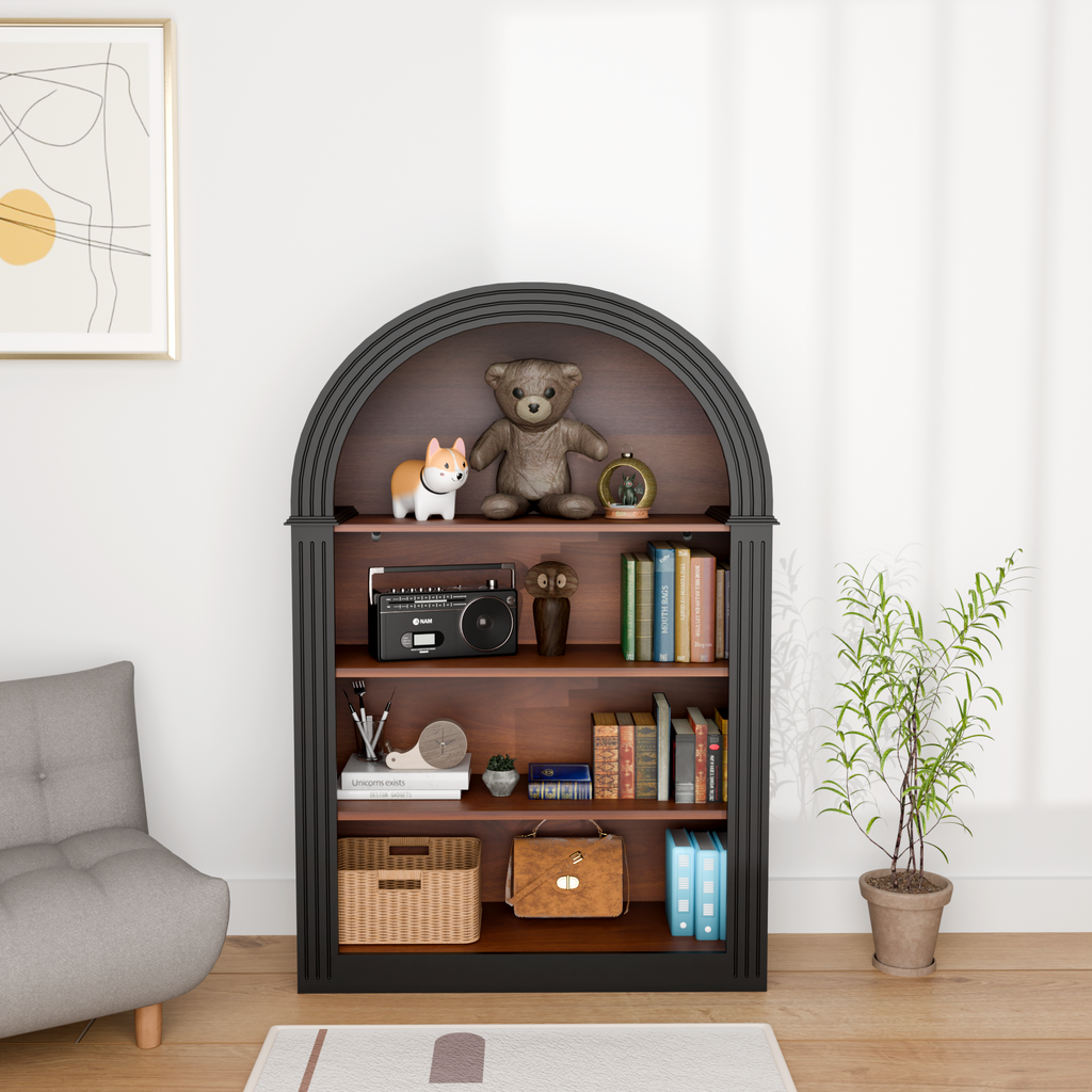 4-Shelf Tall Arched Bookcase with Sturdy MDF Construction - Brown