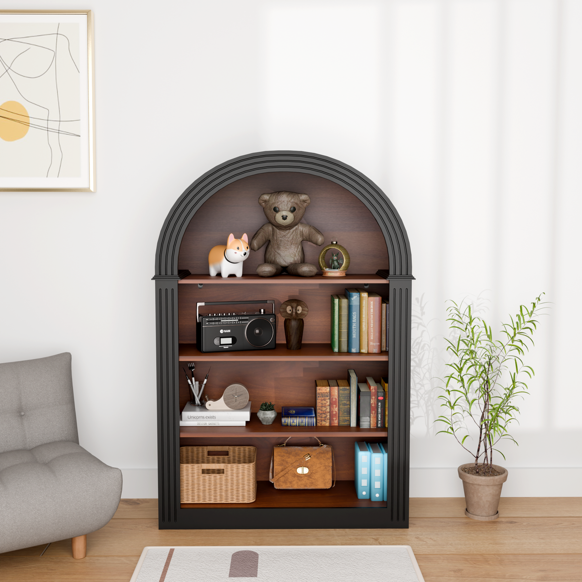 4-Shelf Tall Arched Bookcase with Sturdy MDF Construction - Brown