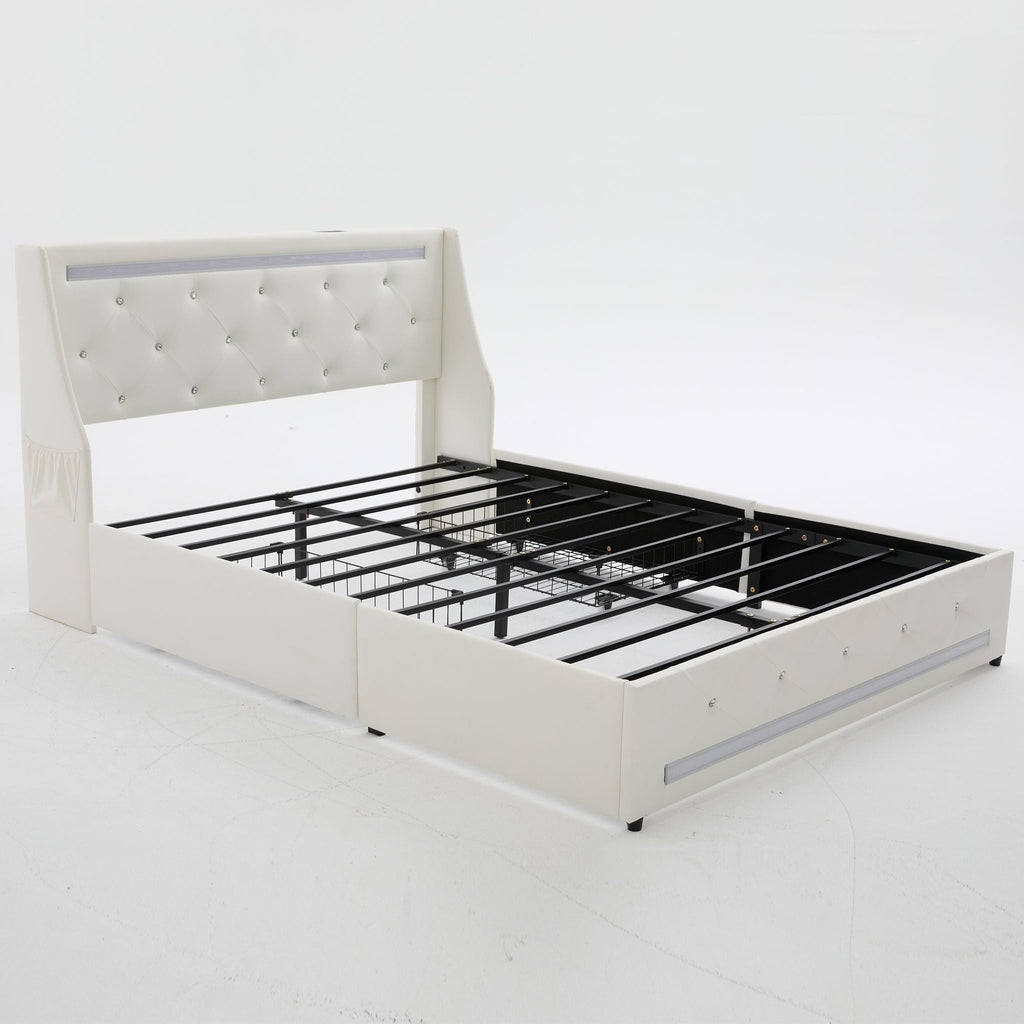 Wingback Upholstered Bed Frame with LED Lights and Charging Station - Black or White