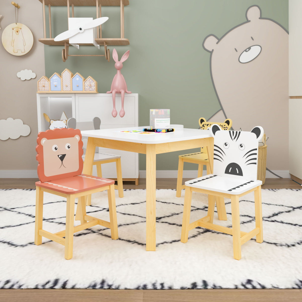 Kids Table and Chair Set with Cartoon Animals Design - White