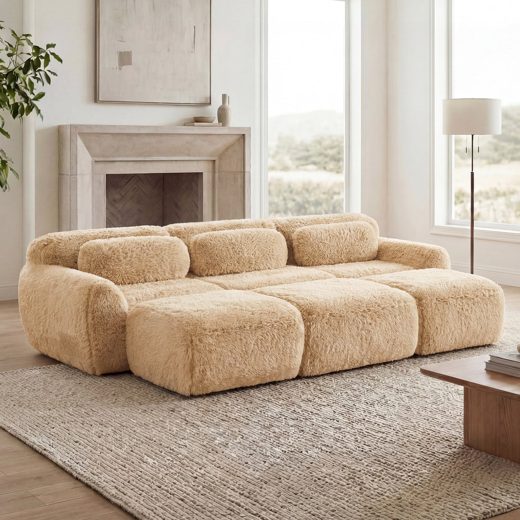 Plush Fabric 3-Seater Sofa with Movable Ottoman - Soft, Modular Comfort
