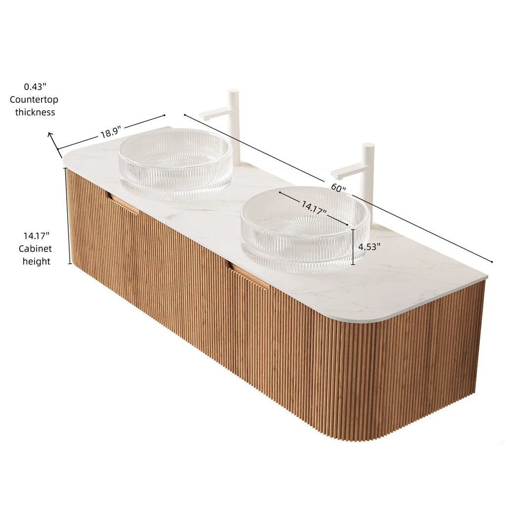 Floating Curved Edge Bathroom Vanity with Glass Basins - 60 Inch
